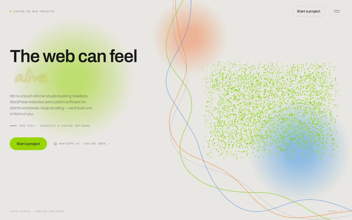 The retired roq-tech.com homepage with particles assembling into the mark